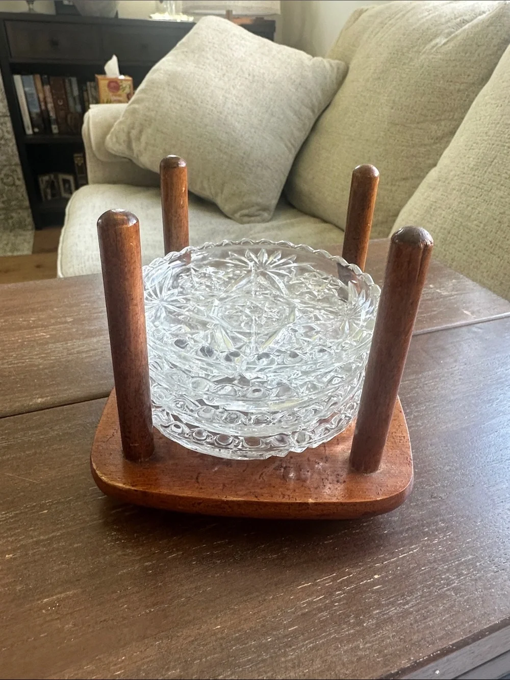 Vintage Anchor Hocking Mid-Century ‘Star of David’ Coaster Set w/Wooden Stand